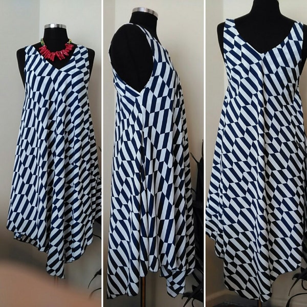 Summer Dress for Women, Nautical - Strappy Asymmetric hem Chevron Dress Handsewn HandmadebyNadya Size 12-14 M- L
