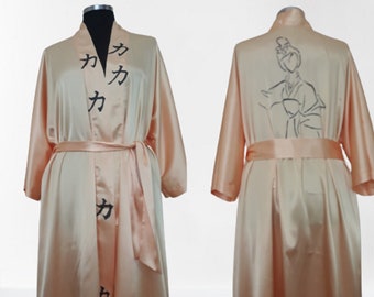 Oversized satin dressing robe, kimono - shade of peach peignoir, handpainted geisha kimono  Mother's day gift