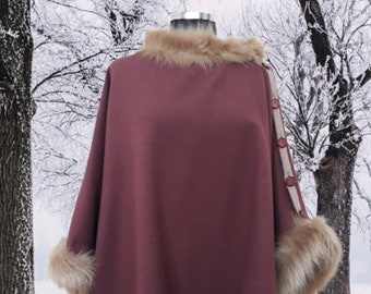 Faux Fur trimmed virgin wool buttoned cape, poncho in black cherry One size fits all