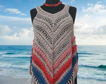 Boho hippie fringe crochet dress,  Multicolor cotton mini dress - L-XL- mother's day gift