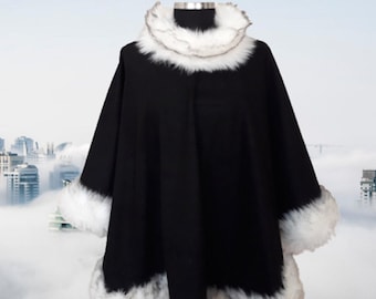 Cashmere&wool  poncho, cape with faux fur,  L-XL- mother's day gift