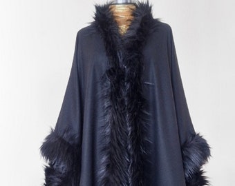 Black wool maxi cape, cloak with faux fur trim, big and bold gothic wrap- - Handmade Clothing