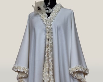 Luxurious Ivory cashmere cape, poncho- wedding coat with lavish handwork trim,  One size fits all
