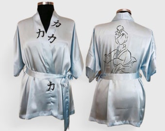 Oversize handpainted dressing Robe,  silky Ice blue short kimono robe  Size 14/16 OOAK-Mother's day gift