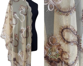 Gold-Bronze chiffon shawl, needle embroidery sequin scarf- Mother's day gift