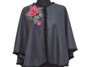 Handmade wool short cape - embellished gray cashmere jacket -Size 14-16-Mother's day gift