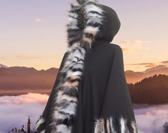 Elegant cashmere wool long cape with hood, Poncho, Coat faux fur trim- plus  size clothing