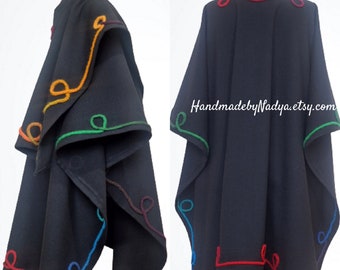 Exclusive cashmere&wool Ruana Wrap, Stitched accent embroidery  Big cape, open poncho,