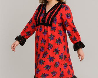 Handmade Flannel floral Ruffle Dress, Autumn, Winter Warm Dress- Size US-12