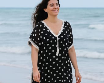 Boho Polka Dot Maxi Kaftan Dress, Sheer Crochet Beach Cover Up Plus size XL