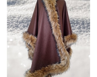 Reich brauner Baby Alpaka Umhang mit Kunstpelzbesatz, Luxus Schal wickeln