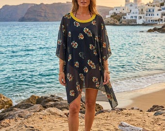 Silk Chiffon Overlay Tunic Poncho - Elegant Flowy Dress - Free Size