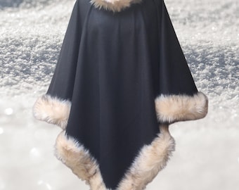 Luxus Kaschmir Alpaka Poncho, Umhang mit Luxus Fell, Schwarzes Dreieck Winter Wrap, Plus Size Oversized Schal