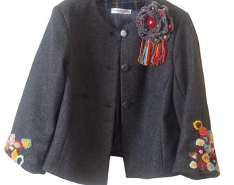 Hand-Embroidered alpaca wool cropped Blazer, Jacket, Coat-EU-40-  Boho Chic Jacket