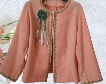 Collarless Linen cropped jacket, artsy embellishment details - One of a kind - European Sizes 40