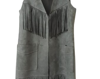 Olive Green Suede-Look Fringe Vest - Boho Hippie Vest, Unisex Large Size