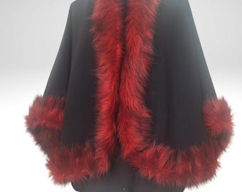 Alpaca Wool Half Cape Jacket Red Fur Trim