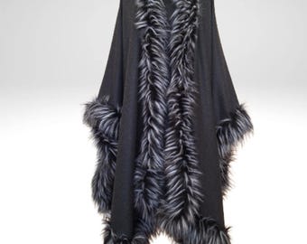 Dark Grey Wool Cape Coat with Faux Fur Trim | Elegant Maxi Wrap Tall Women