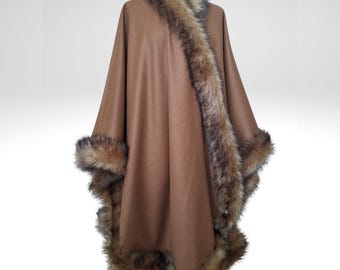 Fur Trim Cashmere Mocha Brown Cape, Coat - Big Shawl Wrap, Elegant Winter Outerwear