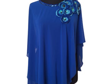 Royal Blue Embellished Peleryna - Asymetryczna wieczorowa bluzka w stylu art déco - Rozmiar uniwersalny