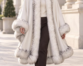 Luxurious Ivory Cashmere Blend Cape Wrap with Plush Faux Fur Trim - One Size fits all
