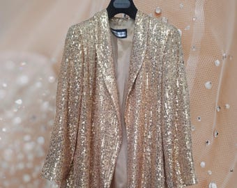 Chaqueta blazer con solapa y lentejuelas doradas, largo medio / tallas europeas. 40/42