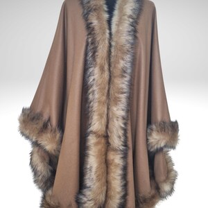 Fur Trim Cashmere Mocha Brown Cape, Coat - Big Shawl Wrap, Elegant Winter Outerwear image 12