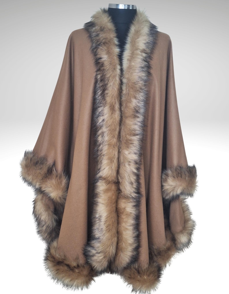 Fur Trim Cashmere Mocha Brown Cape, Coat - Big Shawl Wrap, Elegant Winter Outerwear image 12