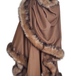 Fur Trim Cashmere Mocha Brown Cape, Coat - Big Shawl Wrap, Elegant Winter Outerwear image 5