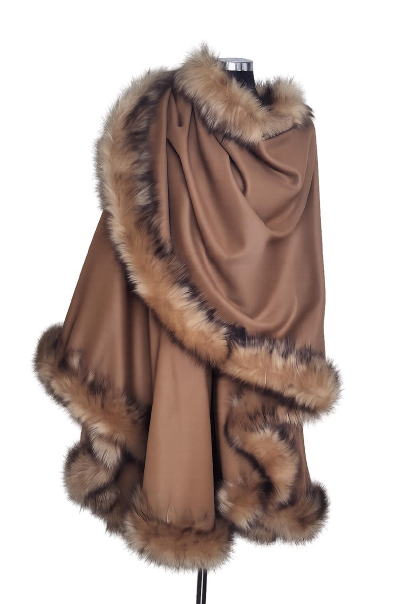 Fur Trim Cashmere Mocha Brown Cape, Coat - Big Shawl Wrap, Elegant Winter Outerwear image 5