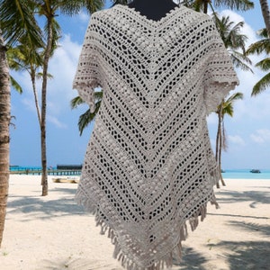 Lightweight natural cotton crochet poncho dress in LRG size, versatile handmade summer kaftan for bohemian style lovers, the back side view of poncho