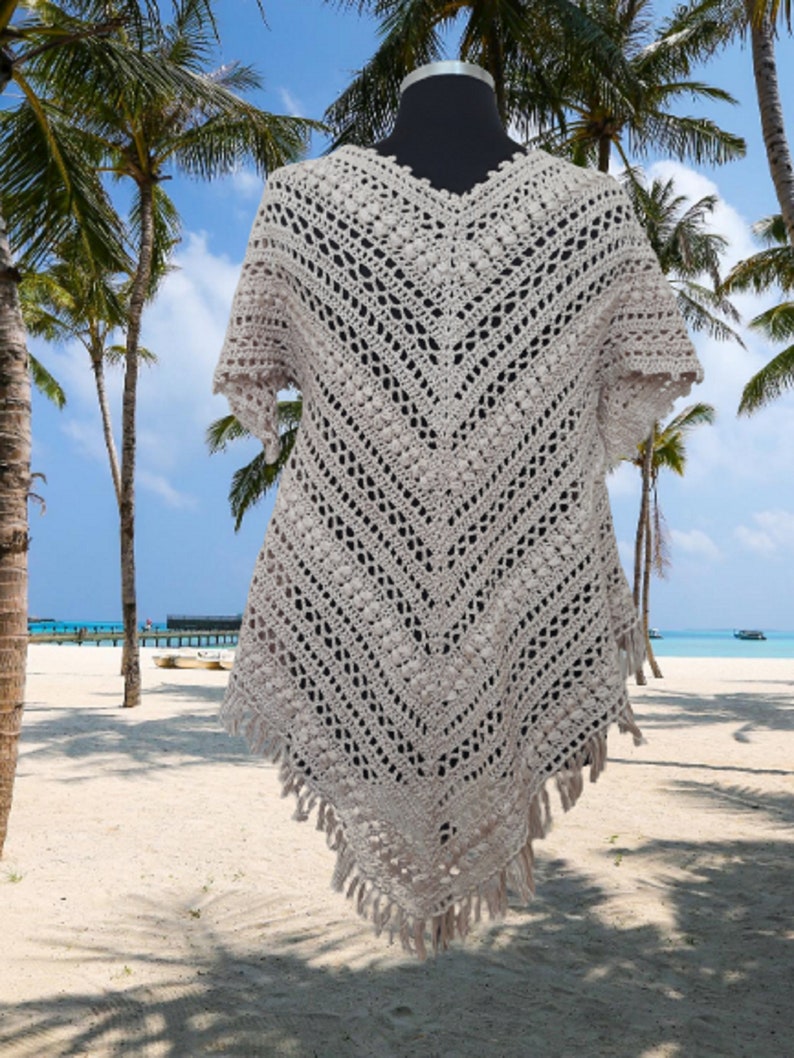Lightweight natural cotton crochet poncho dress in LRG size, versatile handmade summer kaftan for bohemian style lovers, the back side view of poncho