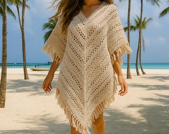 Hand Crochet Cotton Poncho Dress -  Boho Festival Beach Cover Up (LRG)