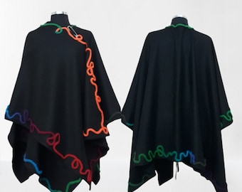 Unique Designer Black Cashmere Cape, with Stitched Accent Embroidery, Wearable art  OOAK One Size Fits all