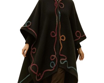 Cashmere Long Cape, Poncho by artisan cord embellishment-  One of a Kind -Wearable Art-