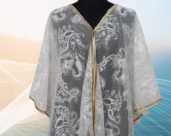 Ivory & Gold Sequin Lace Shawl: Paisley Cover-Up