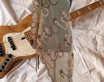 Gold-Bronze chiffon shawl, scarf, needle embroidered sequin stole- Vintage