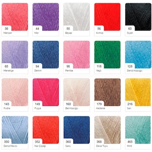 May include: A colour chart of yarn samples with numbers and names in Turkish. The chart includes colours like cream, beige, turquoise, grey, salmon, coral, purple, white, red, black, lavender, denim, pink, green, light blue, peach, fuchsia, honey, brown, yellow, light blue, orange, navy blue, beige, mint, maroon, green, blue, and lime green.