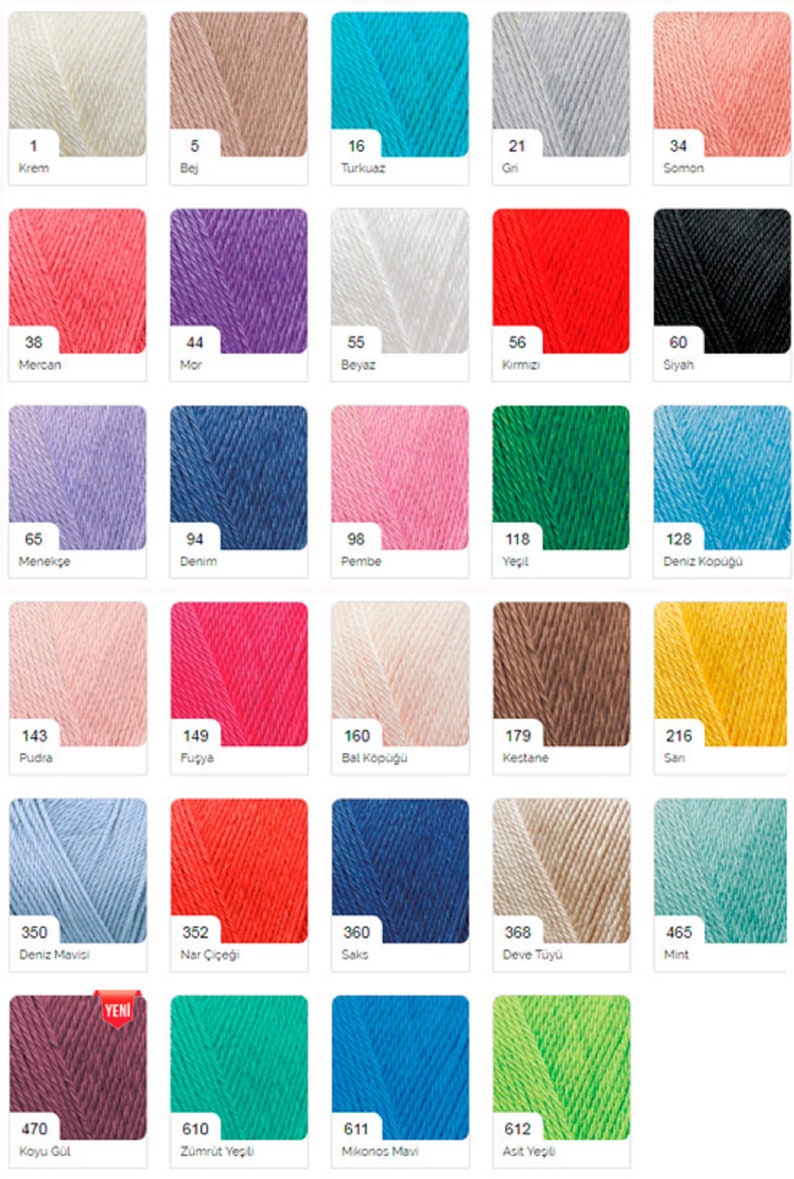 May include: A colour chart of yarn samples with numbers and names in Turkish. The chart includes colours like cream, beige, turquoise, grey, salmon, coral, purple, white, red, black, lavender, denim, pink, green, light blue, peach, fuchsia, honey, brown, yellow, light blue, orange, navy blue, beige, mint, maroon, green, blue, and lime green.