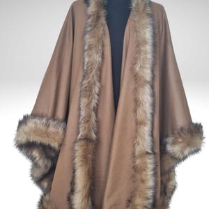 Fur Trim Cashmere Mocha Brown Cape, Coat - Big Shawl Wrap, Elegant Winter Outerwear image 10
