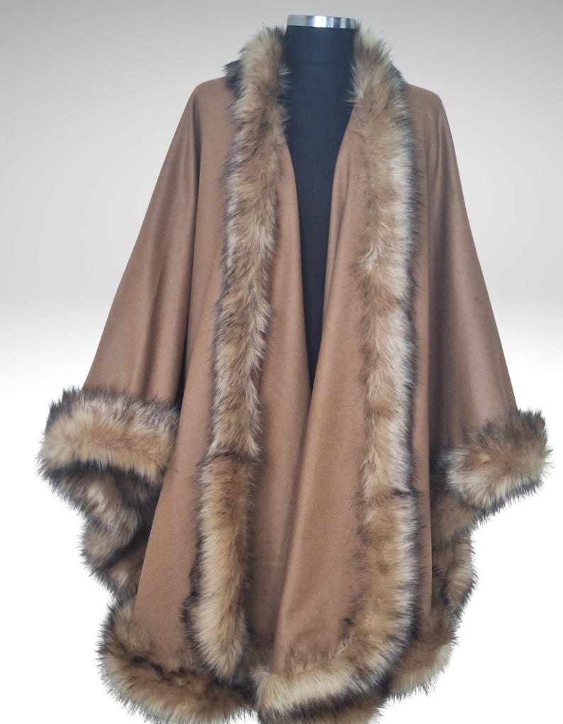 Fur Trim Cashmere Mocha Brown Cape, Coat - Big Shawl Wrap, Elegant Winter Outerwear image 10