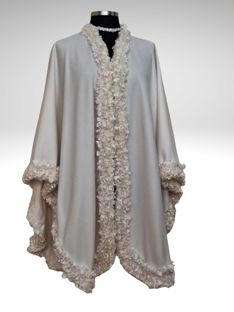 Luxurious Ivory Cashmere Cape, Shawl with Lavish Trim -One size fits all image 9