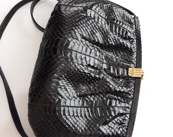 Vintage Black Snakeskin Shoulder Bag: Python Leather Evening Handbag