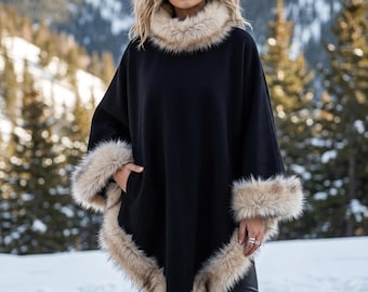 Black Alpaca Cashmere Triangle Poncho with Faux Fur Trim – Oversized Winter Cape