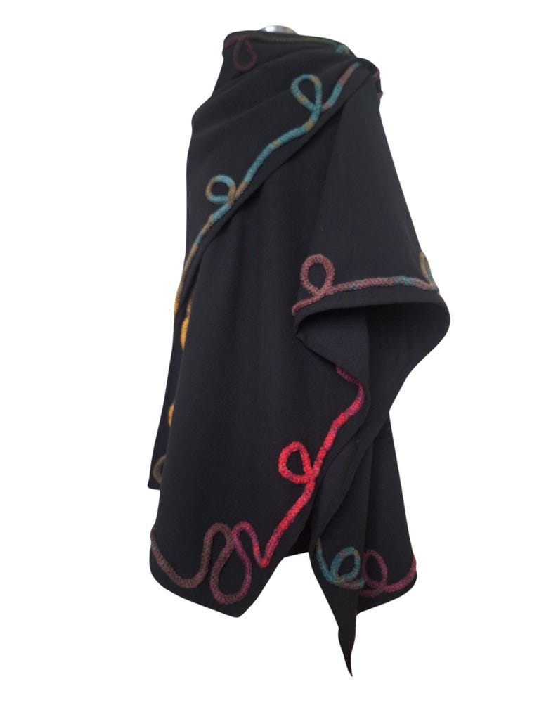 (embellished, rainbow cord trim, handmade, ruana, poncho, plus size).