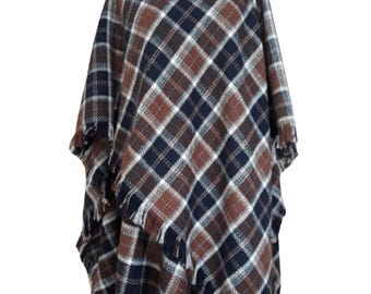 Lambswool Plaid Cape Ruana, Unisex Fringe Shawl