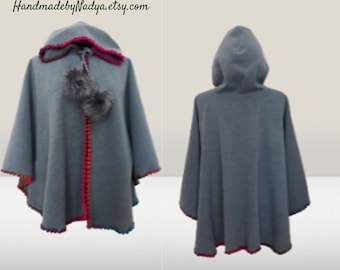 Spring wool hooded short cape, cloak, Boho Style   US 12-14