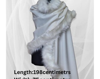 Ivory Cashmere Cape Shawl Wrap  Luxury Fur Trim - Winter Wedding Accessory