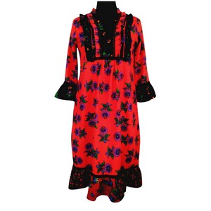 Handmade cotton flannel winte dress is in gypsy style,  lace bib details on the chest and necklane with frill flounce ruffle