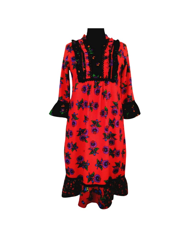 Handmade cotton flannel winte dress is in gypsy style,  lace bib details on the chest and necklane with frill flounce ruffle